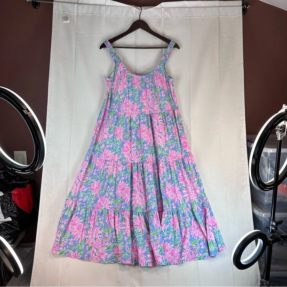 LILLY PULITZER Women’s Size M Dress Midi Floral Tiered Cotton Sleeveless